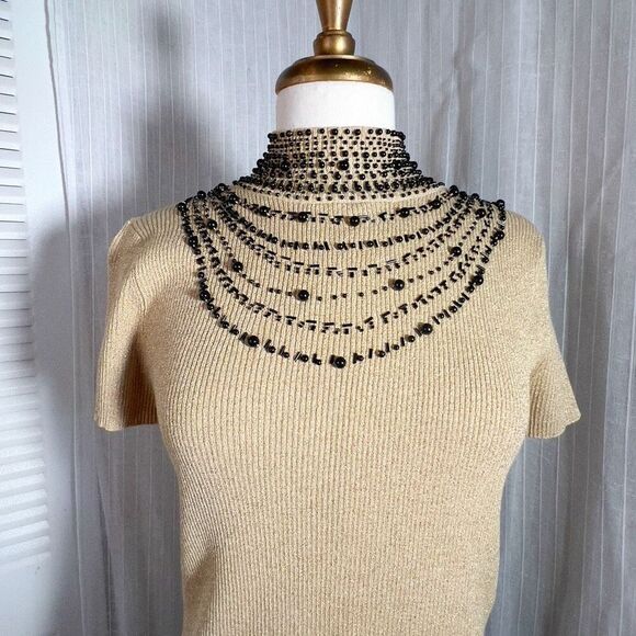 Evie | Women’s | Sweaters | L | Y2k Gold Metallic Beaded Short Sleeve Sweater To - Picture 2 of 6